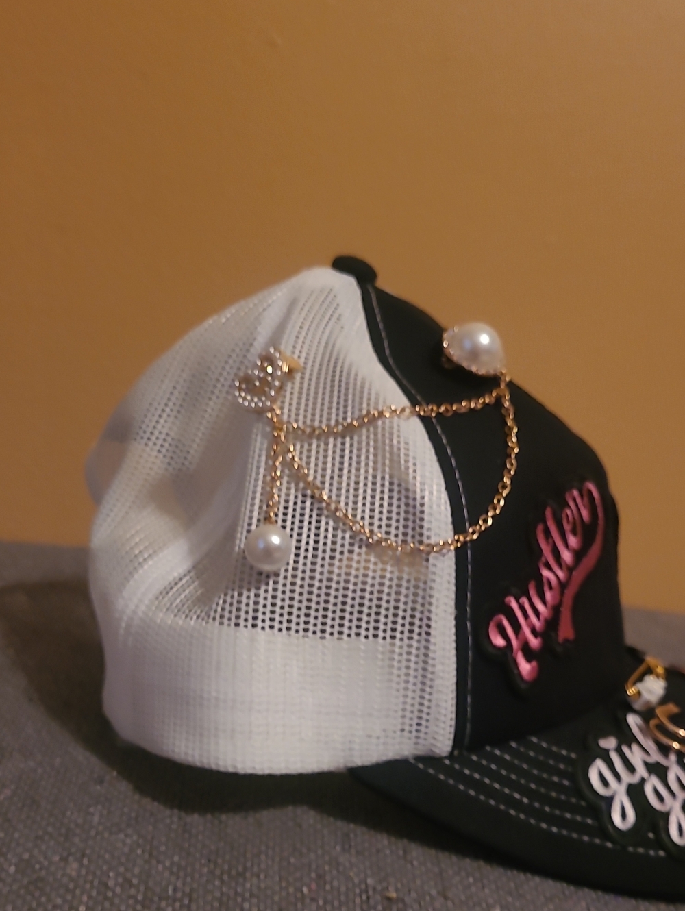 Hustler Hollywood Black and White Mesh Cap with Gold Chain and Pearl Charms